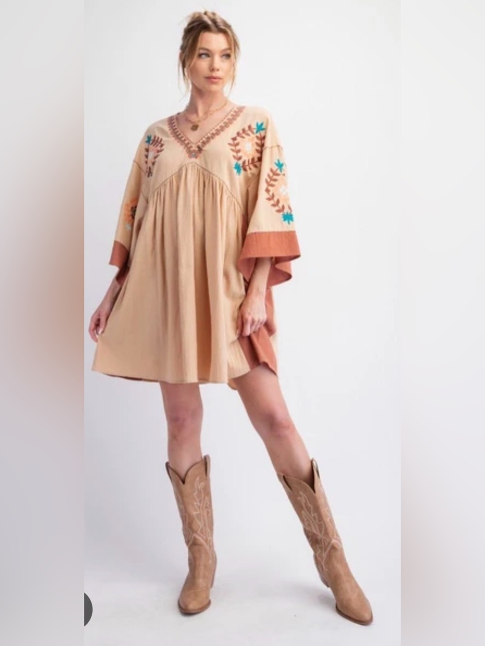 easel Tan Embroidered Mini Dress with Turquoise Accents